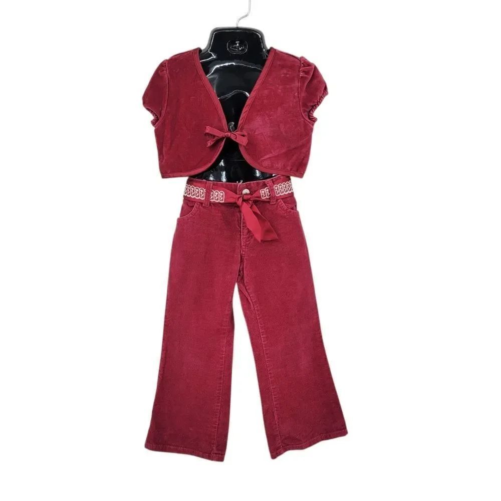 Y2K Old Navy 2 Piece Red Velvet Set with Tie Front Bolero Top Flared Pants